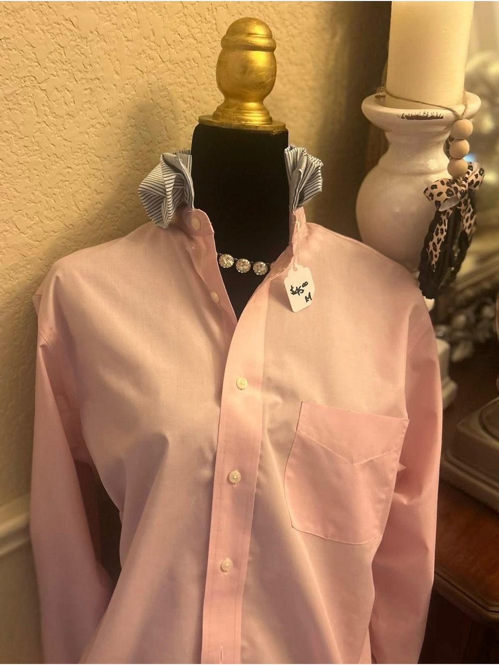 Izod Light Pink with Blue Striped Ruffle Collar Button-Down Shirt
